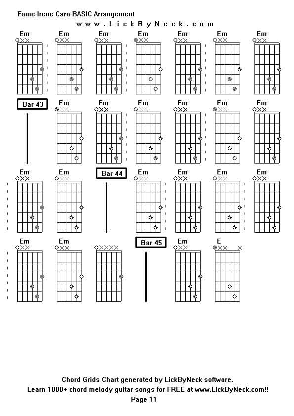 Chord Grids Chart of chord melody fingerstyle guitar song-Fame-Irene Cara-BASIC Arrangement,generated by LickByNeck software.